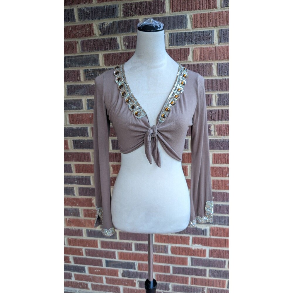 Vintage 'So Cool' Y2K Sequin/Rhinestone Trim- Tie Front Bolero Top-Taupe-Sz Sm